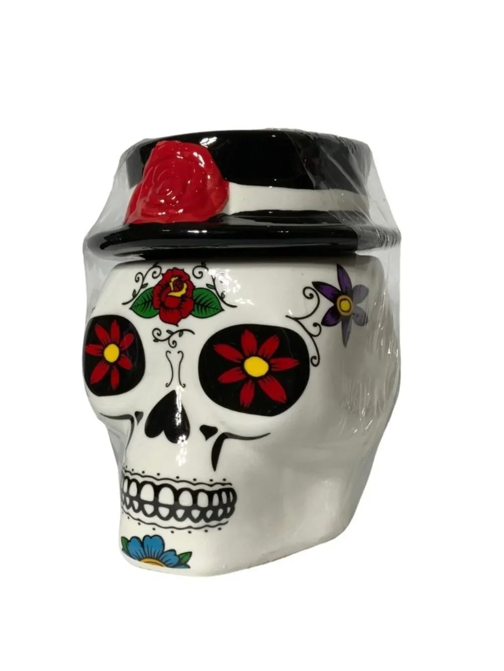 Canister Jar Sugar Skull Ceramic Hand Painted With Lid Colorful Multicolor White
